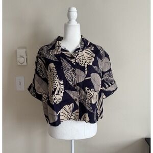 NWT Shore Brand Womens Large Tropical Nautical Top Raw Hem Linen Resort Wear